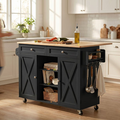 50"W Kitchen Island with Drop-Leaf Countertop, Black Rolling Kitchen Storage Cabinet with Locking Wheels