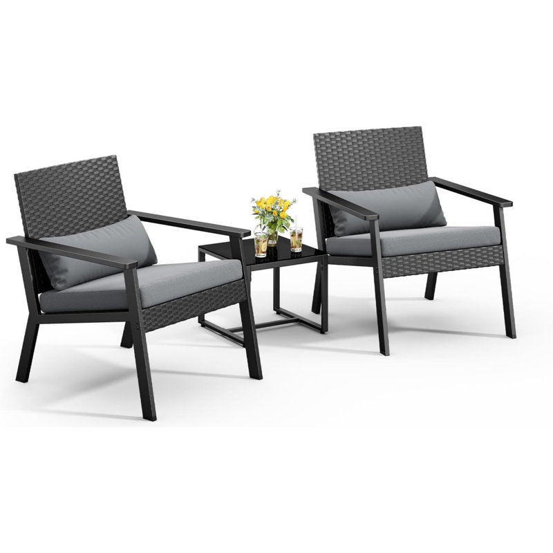 Ensemble de 3 petits meubles de patio en osier avec table en verre pour balcon, porche et jardin (jaune), Gris