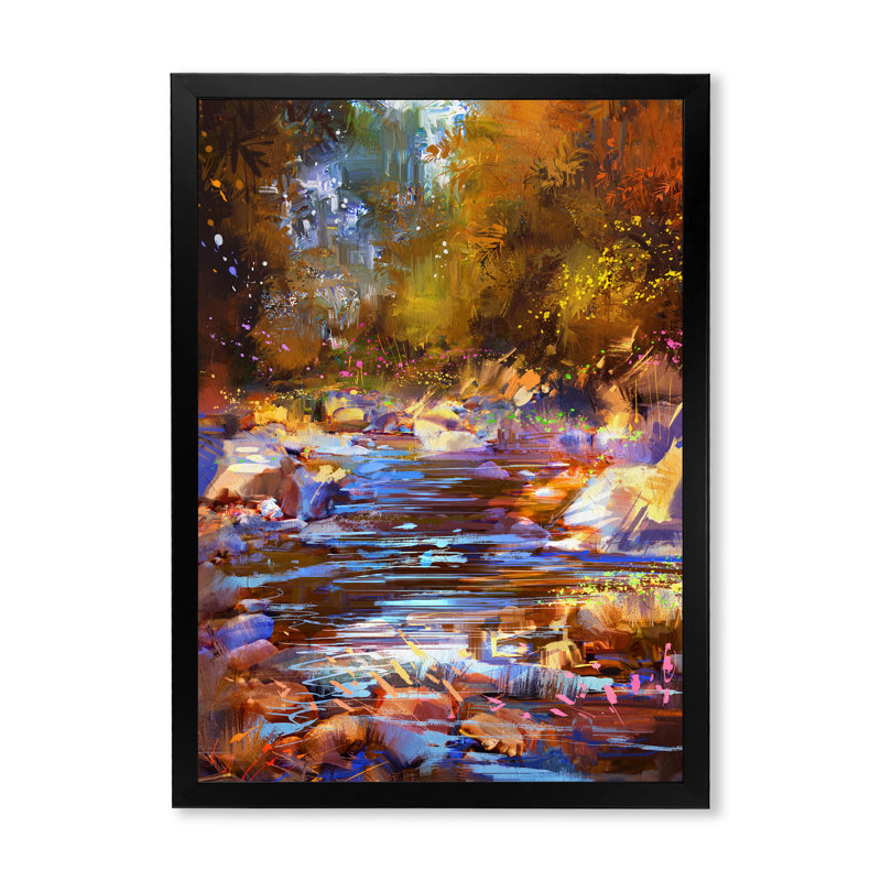 Fall River Lines with Stones in Forest - Peinture sur toile, H 32 po x l 24 po x P 1 po, Cadre d'angle fermé noir