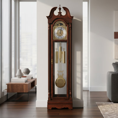 Benjamin Grandfather Clock, Swan Neck Pediment, German Cable Driven Westminster Chime, Beveled Glass