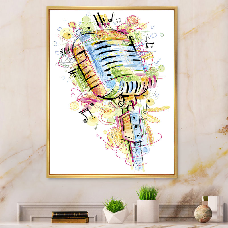 Microphone musical, dessin abstrait - peinture, H 20 po x l 12 po x P 1 po, Cadre flottant doré