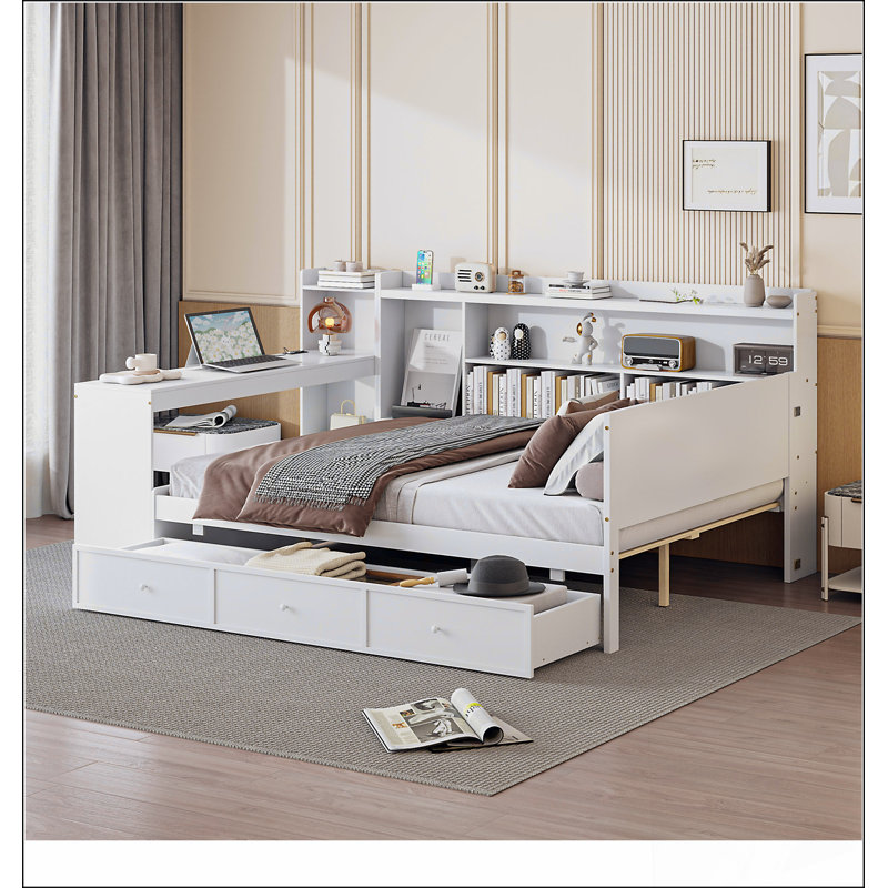 Lit de jour en bois pleine grandeur avec 3 tiroirs, ports USB et bureau, parfait pour la vie multifonctionnelle et la commodité moderne.
