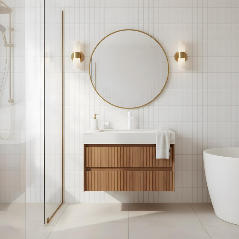 Meuble-lavabo mural 30 po avec 2 tiroirs et lavabo en céramique Carrara, 30", Blanc de Carrare