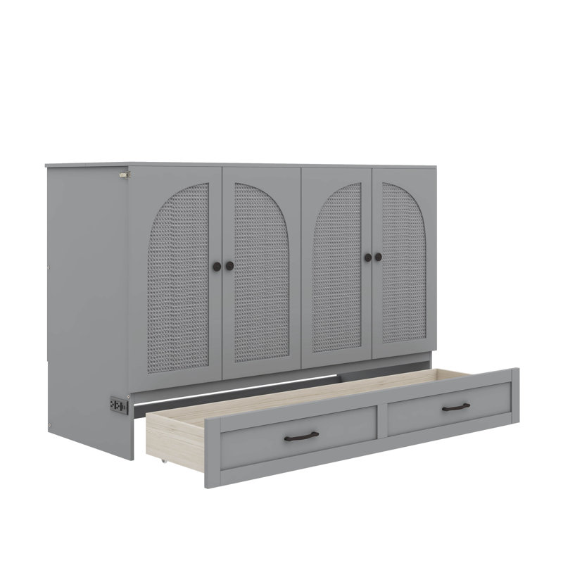 Lit escamotable pliable avec armoire en rotin, tiroir de rangement intégré et port de charge USB, lit mural peu encombrant pour petits appartements