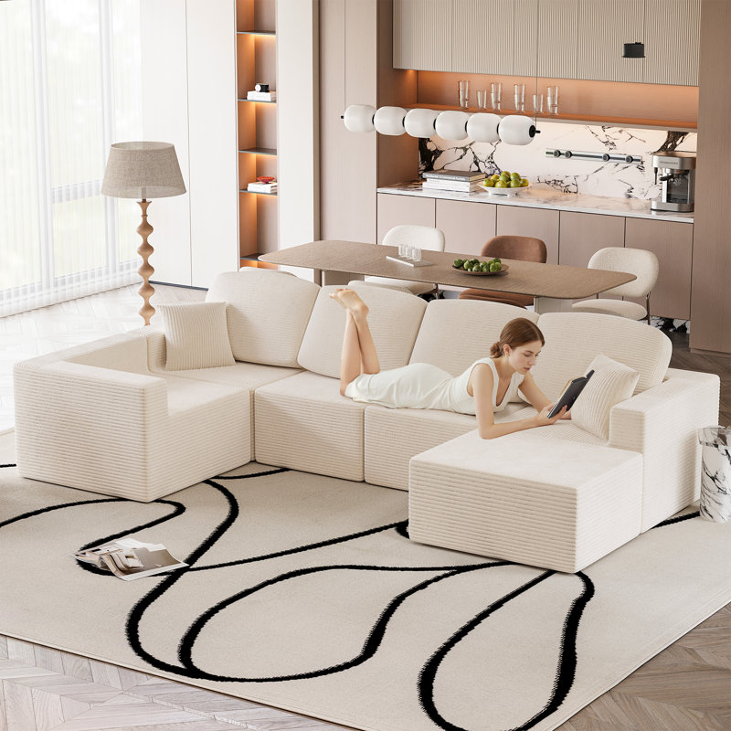 126'' Boneless L-Shaped Modular Sectional Couch, Cloud U-Shaped Sectional Sofa with Wide Armrest, Beige Corduroy
