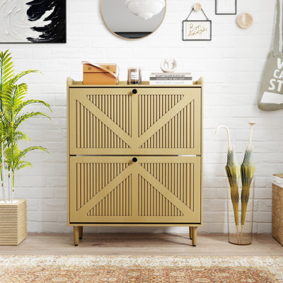 Narrow Shoe Storage Cabinet with 2 Flip Drawers for Entryway, Freestanding Slim Shoe Organizer Cabinet Adjustable Shelves