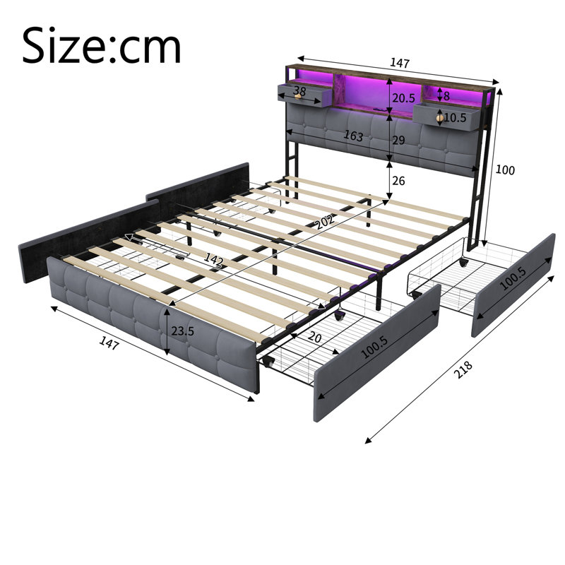 Storage Bed, European Double (140 x 200 cm), Grey
