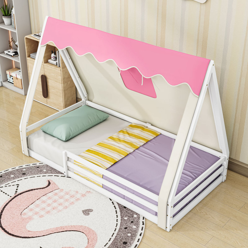 Lit sur pied en bois avec lumière DEL, tente et garde-corps, Simple, Rose blanc