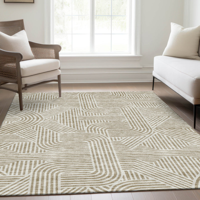 Tapis beige Prisco lavable à la machine de qualité supérieure, Rectangle 9 pi x 12 pi