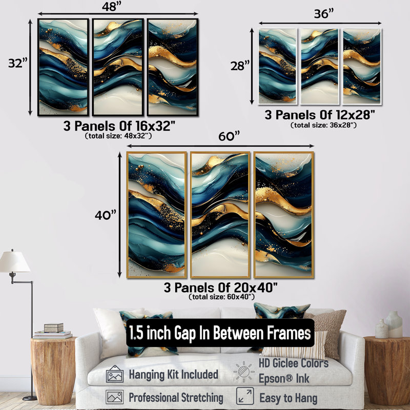 Fusion de pierre sur Blue River III - art mural vagues - 3 panneaux, H 28 po x l 36 po, Argent argent