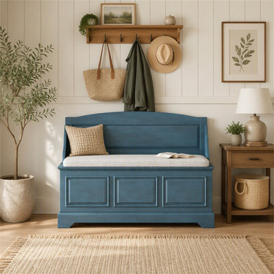 Banc à chaussures TREXM, banc de rangement à chaussures rétro avec système de fermeture amortie sécurisé, coffre de rangement avec espace de rangement dissimulé et coussin pour entrée, couloir, salon
