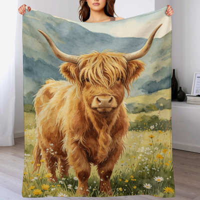 Highland Cow Meadow Luxury Flannel Throw Blanket, Soft Warm Fuzzy Blanket for Living Room Sofa Bed Home Decor