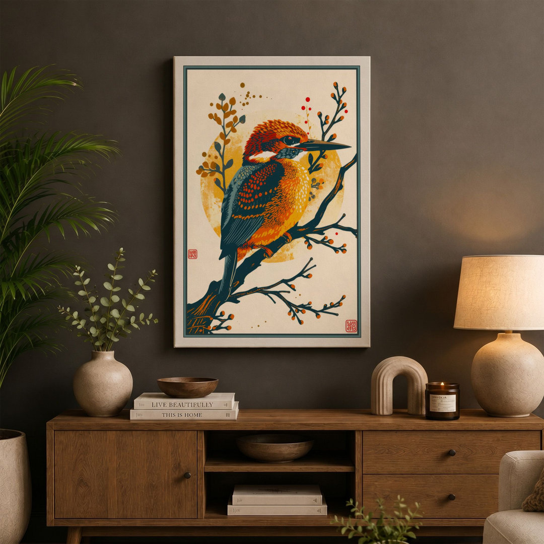 Kingfisher Among Branches Japandi - Wrapped Canvas