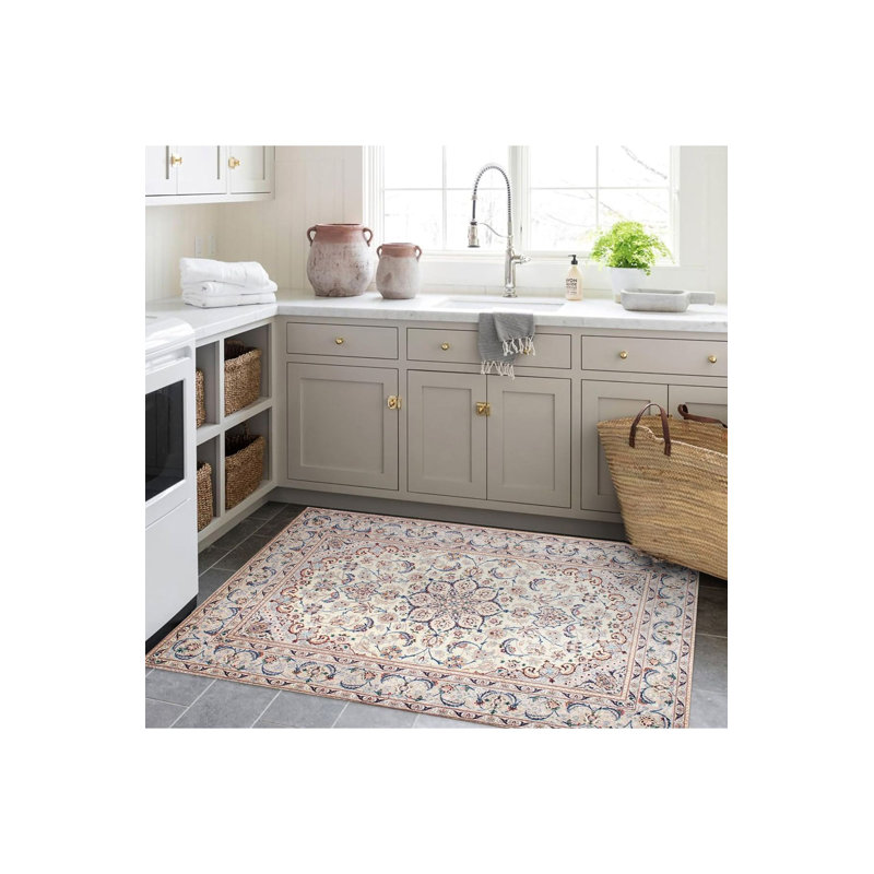 Tapis beige lavable à la machine à motif tissé beige, Rectangle 5 pi 1 po x 7 pi 7 po