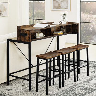 59 inch bar table, dining table, sofa table with power socket and LED light, 3 saddle stools, 4-piece bar table and chairs set for living room, dining room and kitchen