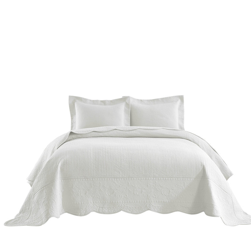 White Cotton Queen Quilt Bedspread Set with Embroidery