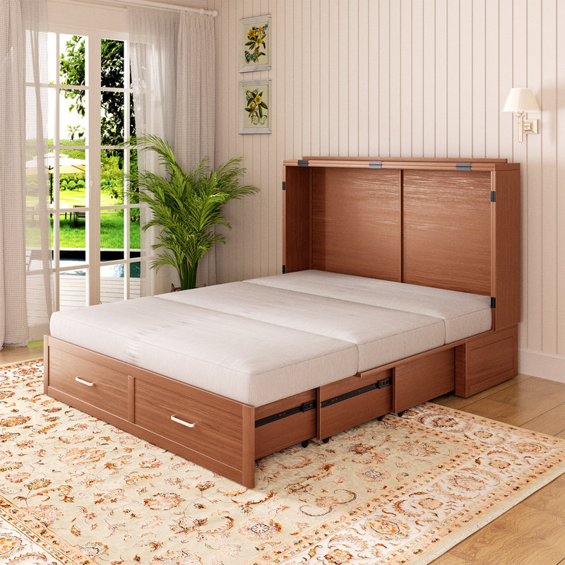 Balus Queen Murphy Bed With Tri-folding Mattress,modern Cabinet Bed With Storage Drawer & Usb Charging Station, Solid Wood Cube Cabinet Bed For Bedroom,guest Room