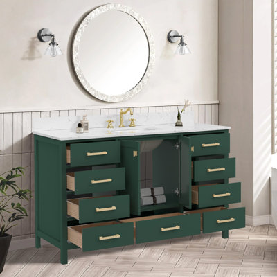 Meuble-lavabo autoportant avec cadre en bois massif 54 po, comptoir de salle de bain autoportant avec lavabo vert