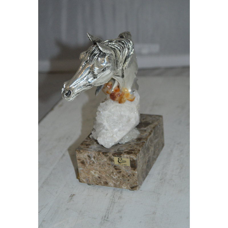 Horse on Crystal Stone mounted on Marble by Vidal -  Size: 4"L x 9"W x 10"H.