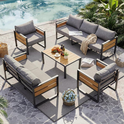 5-Piece Steel Outdoor Patio Conversation Set, 7-Person Patio Furniture Set with Coffee Table for Backyard