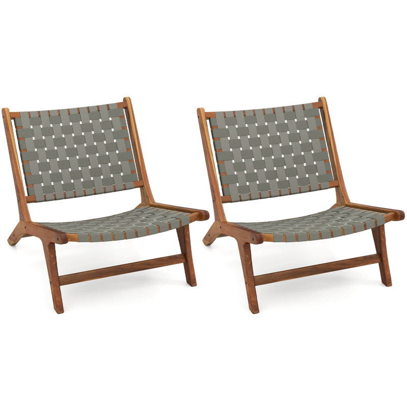 2 chaises de patio en bois de teck avec siège et dossier en sangle de nylon pour la cour arrière, porche, 2