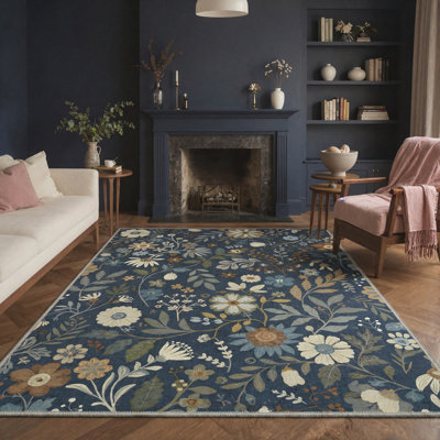 Aazad Botanical Floral Machine Washable Blue / Green / Beige Indoor Area Rug with Non-Slip Backing