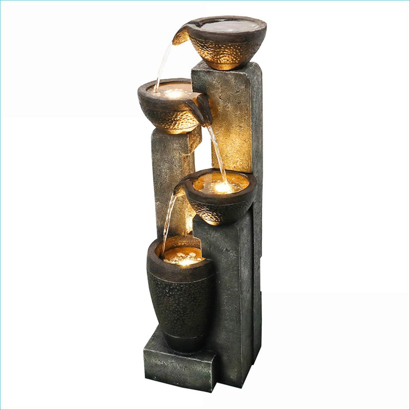 Fountains 40" High 4-Tier LED Water Fountain for Patio Garden Indoor Outdoor | Resin | Tiered