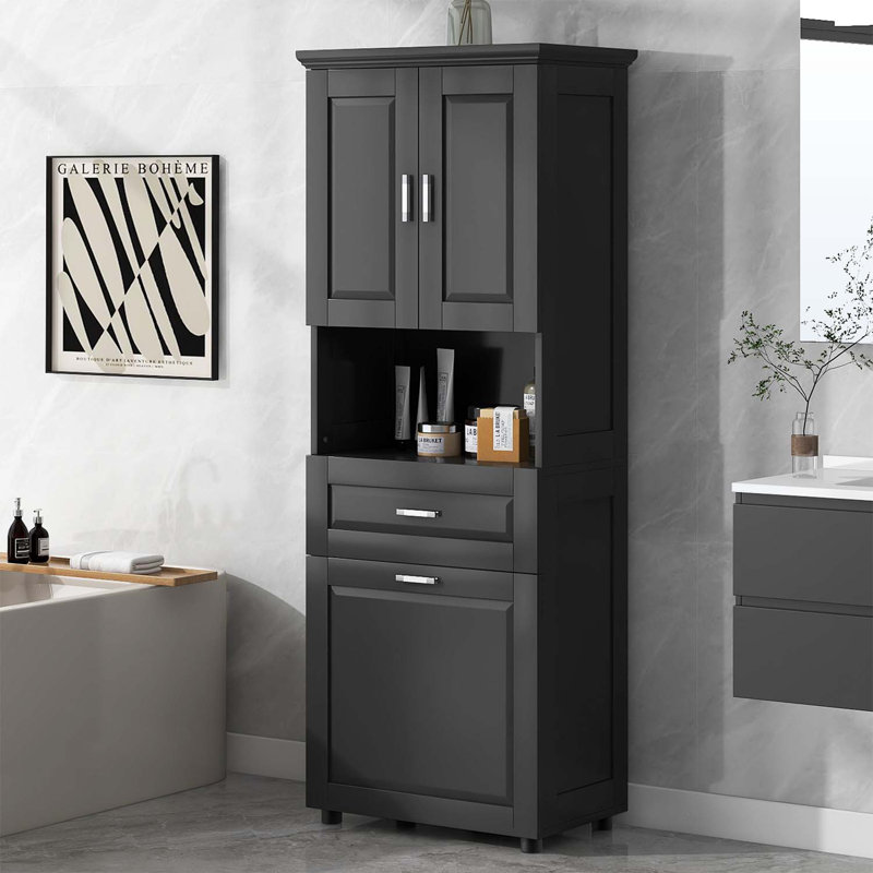 Large Storage Space Tilt-Out Laundry Hamper and Upper Storage Cabinet, Black