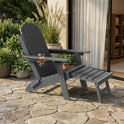 Folding Adirondack Chair with Retractable Ottoman, HIPS Weather-Resistant Patio Chair