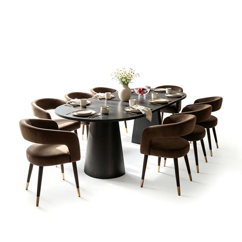 Modern 47"-83" Extendable Dining Table Set With Upholstered Velvet Dining Arm Chairs, 9 Pieces: Table, 8 Chairs, Brown