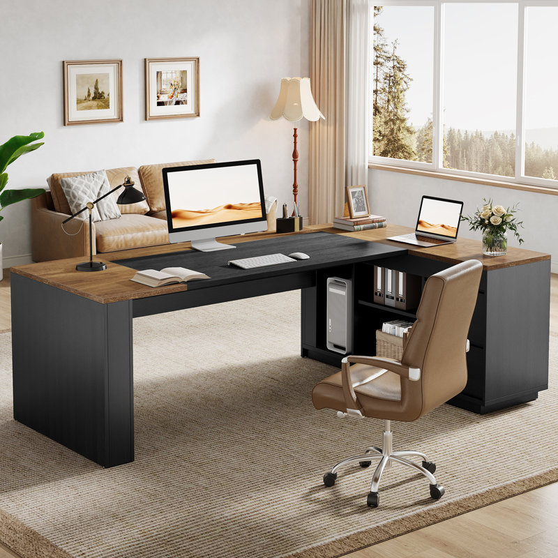 Bureau de direction en L 78,7 po avec armoire Starage, Brun