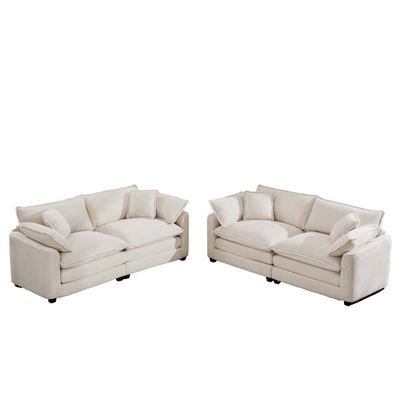 Paire de causeuses en velours côtelé de 81 po de largeur et 70 po de largeur, blanc, Beige