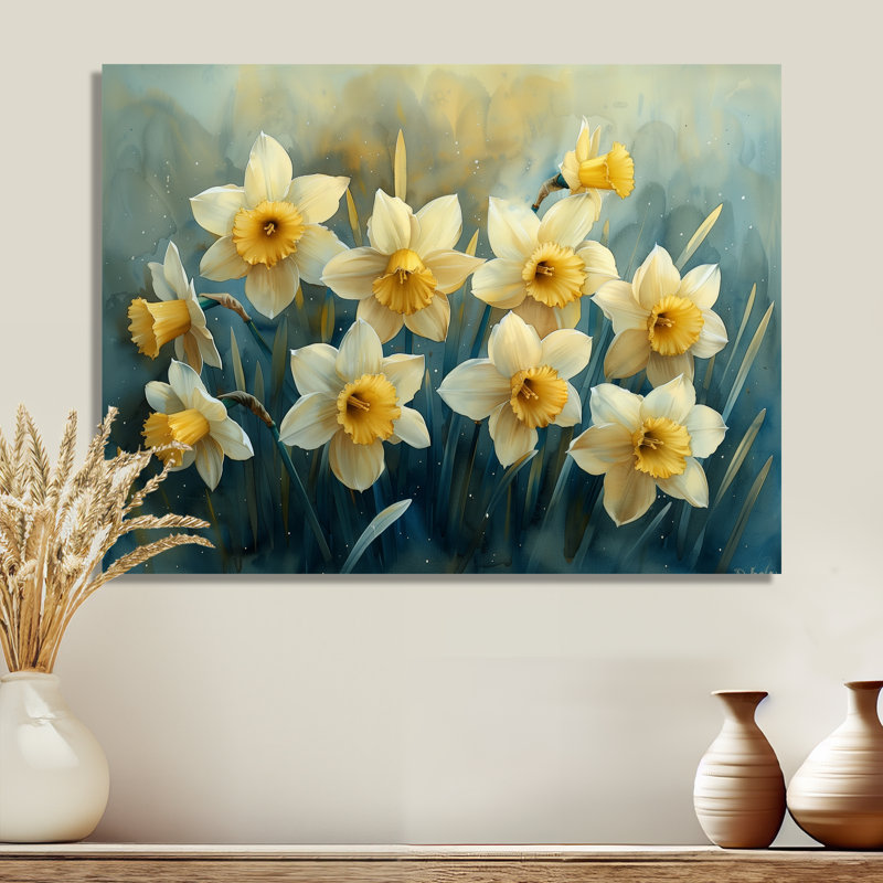 Jardin blanc et jaune, jonquilles de la vie - Jonquilles, art mural salon, Sans cadre, métal, H 12 po x l 20 po