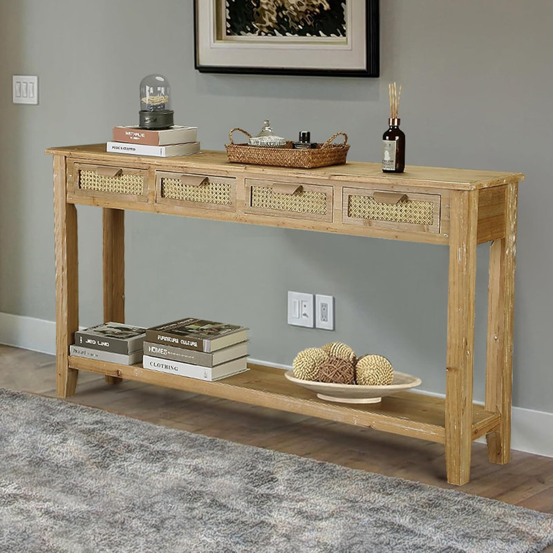 Farmhouse Console Table 60" Long Narrow Natural With 4 Rattan Drawers, 31.5" H x 59.06" W x 10.6" D