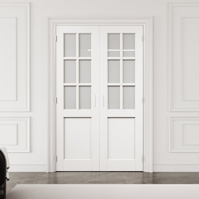 48" x 80" 6-Lite Frosted Glass Interior French Door with Black Hardware & Ball Catch & Handle, Tempered Glass Door Slab with Privacy, Paintable & Waterproof, Suit for Laundry, Closet Doors, Room Doors, Assembly Required