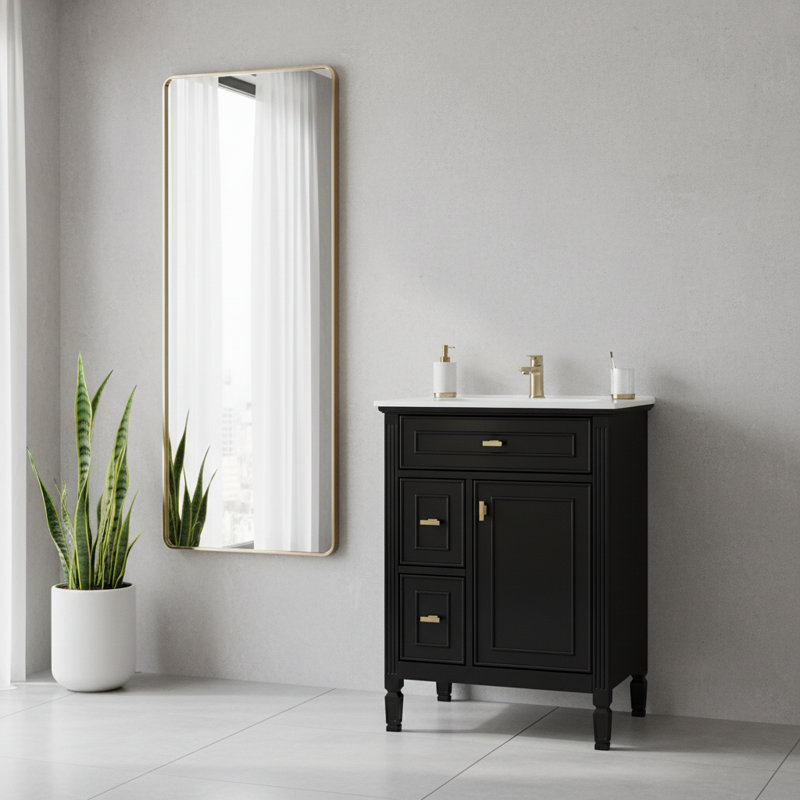 Meuble-lavabo noir 24 po avec lavabo - Armoire autoportante en bois massif et en panneau de fibres à densité moyenne avec tiroir rabattable, deux tiroirs de rangement et une tablette réglable pour une organisation de salle de bain moderne