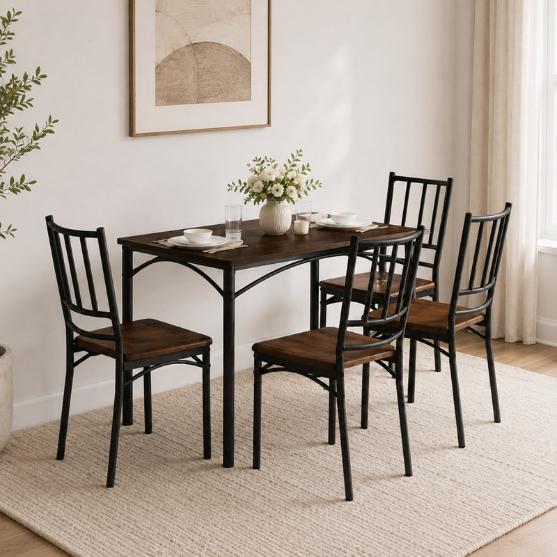 Kaelvora Dining Table Set with PU Upholstered Chairs and Metal Frame, Dark Brown/Black