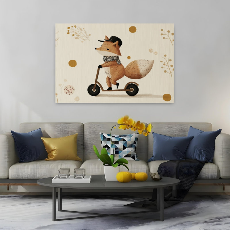 Stylish Fox Scooter Playful Whimsical Abstract Fox Autumn Nature Wall Art Print 1 Piece Wrapped Canvas Wall Art