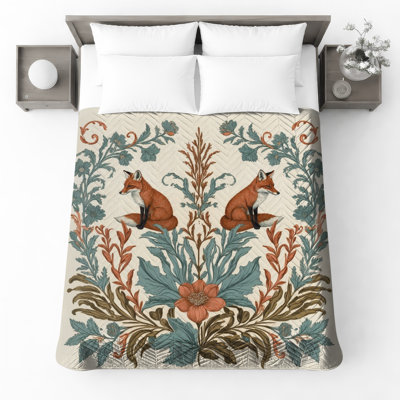 Fox Botanical Illustration Quilted Bedspread All Sizes