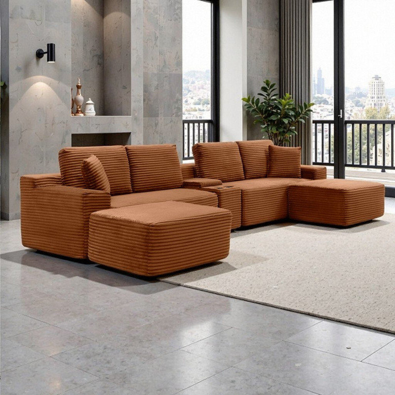 Canapé modulaire en forme de L 125 po avec repose-pieds, porte-gobelets et recharge USB 125 po, Orange