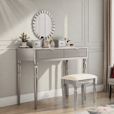 Luxury Vanity Desk Set With A Cushioned Stool, Round & Height Adjustable Mirror, 4 Drawers With Strip-fluted Panels