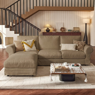 3-Seat Upholstered Sofa with Ottoman, Rolled Arms and Skirted Base, Beige