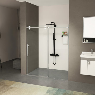 Porte de douche coulissante de 56 à 60 pouces de large avec verre trempé de 8 mm, revêtement double face, finition et acier inoxydable antirouille, étanchéité à l'eau, étapes d'installation réversible 60 po, 70 po de haut, 5/16 po (8 mm)