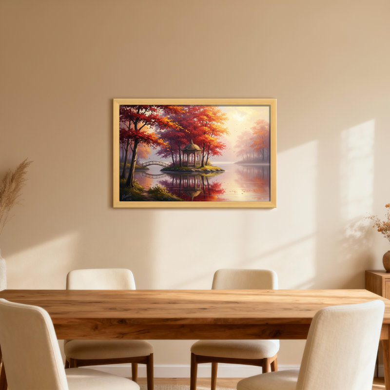 Plantes et fleurs, automne, lac, pavillon de jardin, arbres de réflexion, coucher de soleil, H 24 po x l 36 po, Toile tendue