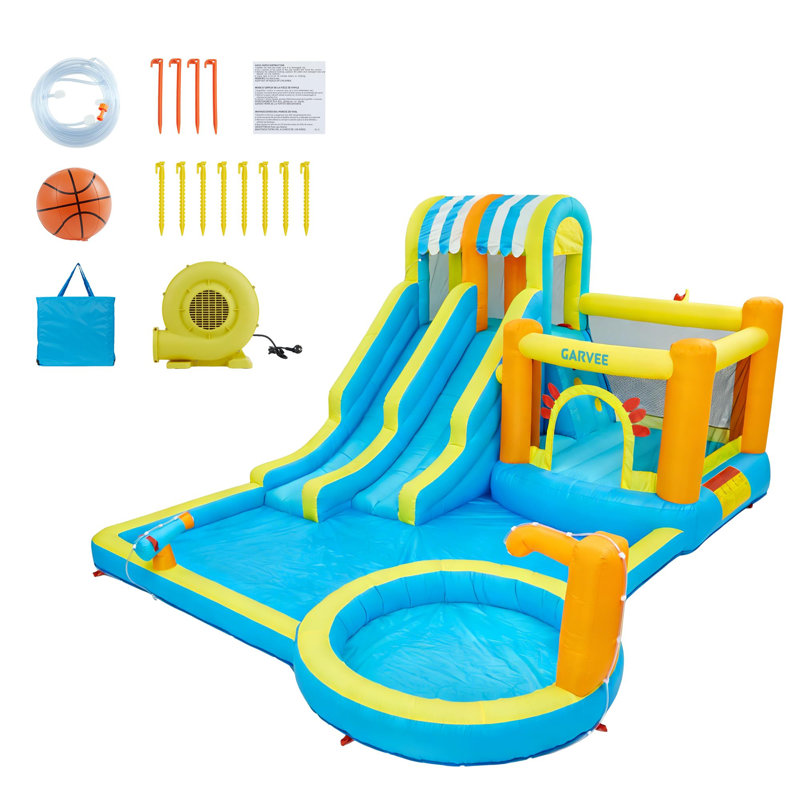 Inflatable Water Park 8-in-1 with Large Pool & Double Slides – Climbing Walls, Bounce House, Durable Oxford, Complete Set with 550W Blower – Indoor/Outdoor Play for Kids