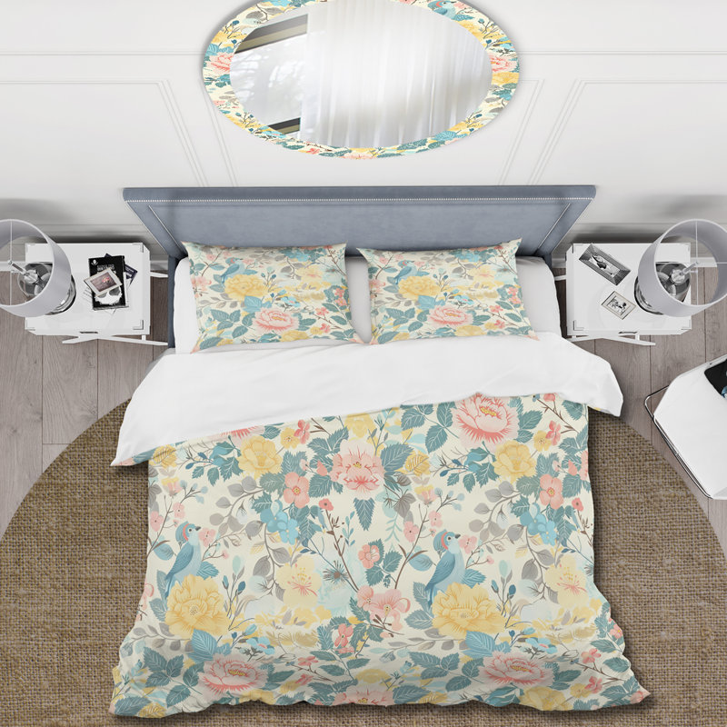 Pink Yellow Vintage Flower Paradise - Vintage Duvet Cover Set, Twin Duvet Cover + 2 Standard Shams
