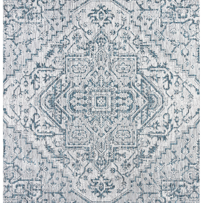 Truman Bohemian Medallion Textured Weave Teal/Gray Indoor/Outdoor Rug, Square 3'11"