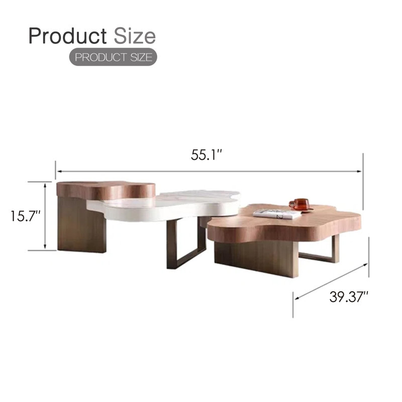 Italian Minimalist Irregular  3-set resistant Nesting Coffee Tables, 15.7" H x 63" L x 39.37" D