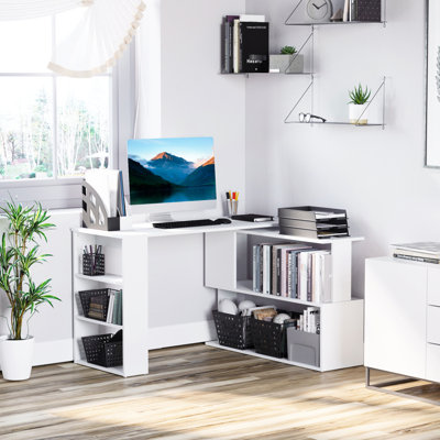 360 Degree Rotatable L Shaped Desk For Efficient Use Of Space - White Home Office Workstation With Rotating Shelves And Speaker Stand