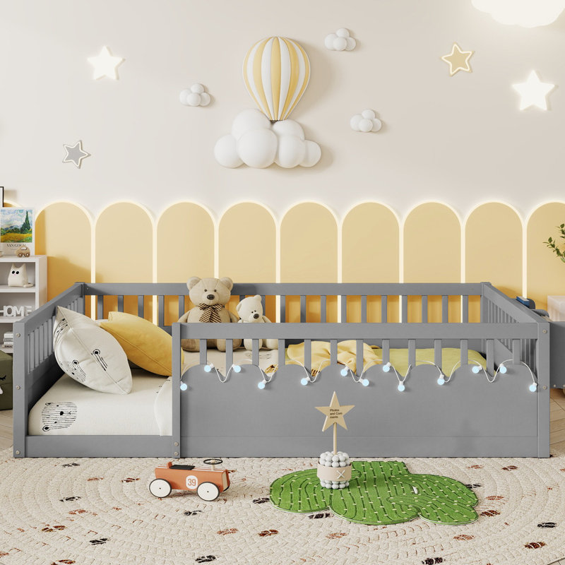 Lit de sol Rivvi Montessori avec garde-corps élevés, lumière DEL et tablette de rangement, Gris, Double